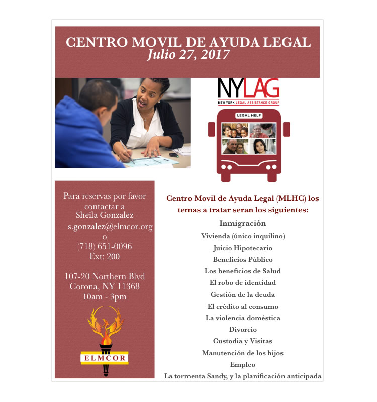Mobile legal help center at Elmcor Youth and Adult Activity Center in Corona, Queens, NY