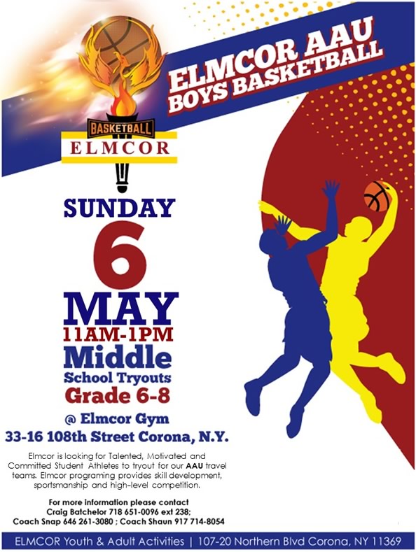 Elmcor AAU Boys Basketball Middle School Tryouts Grade 6-8 Elmcor Gym